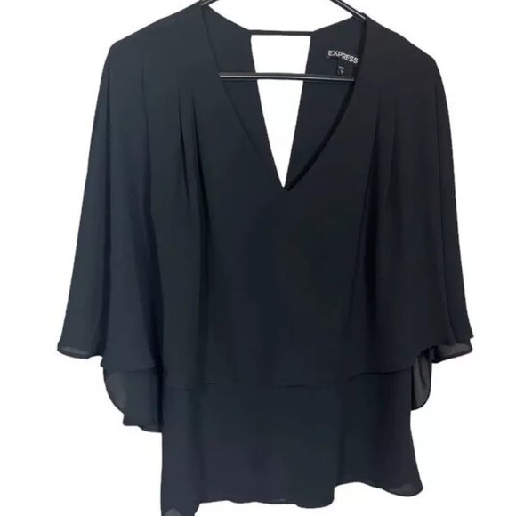 Express Top XS Tank Flutter Cape Overlay Thin Dressy Black V-Neck Blouse - Picture 1 of 5